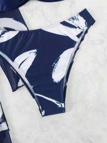 Swim Lushoire Conjunto de bikini bandeau con estampado de plantas y push up de 3 piezas, ideal para verano en la playa - Azul y blanco - Ver 3