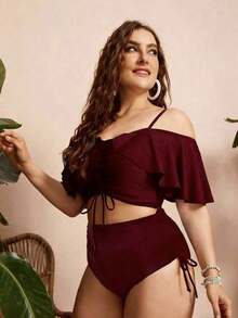 Swim Chiccia Conjunto de 2 piezas de bikini de talla grande para mujer de unicolor con tirantes de espagueti, hombros descubiertos, volantes y cordón - Elegante y estiloso para vacaciones informales - Burdeos - Ver 3