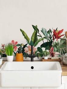 [Refreshing Mori Style] Watercolor Green Plant Floral Wall Stickers - Butterfly / Tropical Plants / Hanging Bouquet Patterns, Self-Adhesive Wall Decals For Living Room, Bedroom, Baseboard - Wall Stickers - View 4