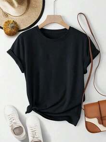 Nueva playera básica de manga corta para mujer: cuello redondo, corte holgado, estampado de‌lazosúltiples‌ de moda, tejido suave con caída perfecta y ultra combinable blusas para mujer playeras de mujer blusas casuales para dama - Negro - Ver 2