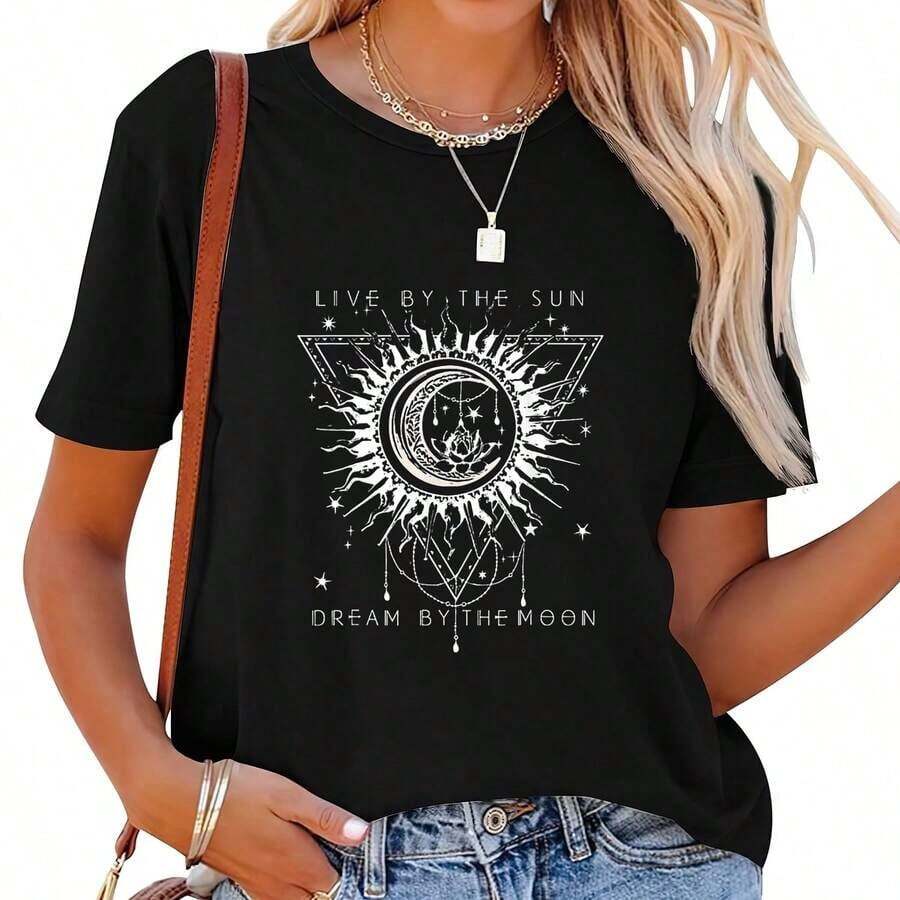 1 camiseta de algodón de cuello redondo para mujer, camiseta deportiva para mujer, regalo de San Valentín, regalo de cumpleaños, regalo de Navidad, adecuada para todas las estaciones, 100% algodón puro. - Negro - Ver 1