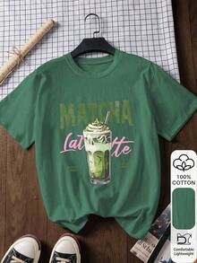 Casual Short-Sleeve T-Shirt In 100% Cotton With Matcha Print, Graphic Tee, Outerwear, Printed Print, Summer T-Shirt, Women's T-Shirt, Summer Blouse, Vacation Outfit, Beach Style, Minimalist Resort Wear - 綠色的 - 查看 5