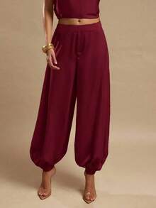 Women's Satin Palazzo Pants, Elegant Loose-Fitting Ginger Yellow Trousers, Suitable For Going Out, Brunch, Summer, Weddings, Honeymoon, Beach Vacation - 波爾多 - 查看 4