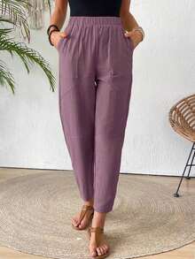 LUMIGAL Pantalones casuales sueltos de cintura elástica para mujer con forma cónica y bolsillos de unicolor - Rojo violeta - Ver 6