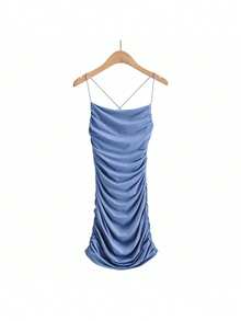 Vestido tirantes finos espalda super descubierta plisado elástico ajustado falda cadera estilo INS verano 2026 - Azul - Ver 5