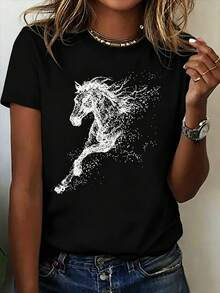 1 New Spring T-Shirt For Women - New Year's Horse Print, Suitable For Sports, Fitness, Running, Fashion And Fun, With A Sleeve Style That Resembles Party Or Graduation Dresses, Ideal For Couple Sets, Sister Sets And As A Short Sleeve T-Shirt That Is An Excellent Gift. - 黑色 - 查看 6