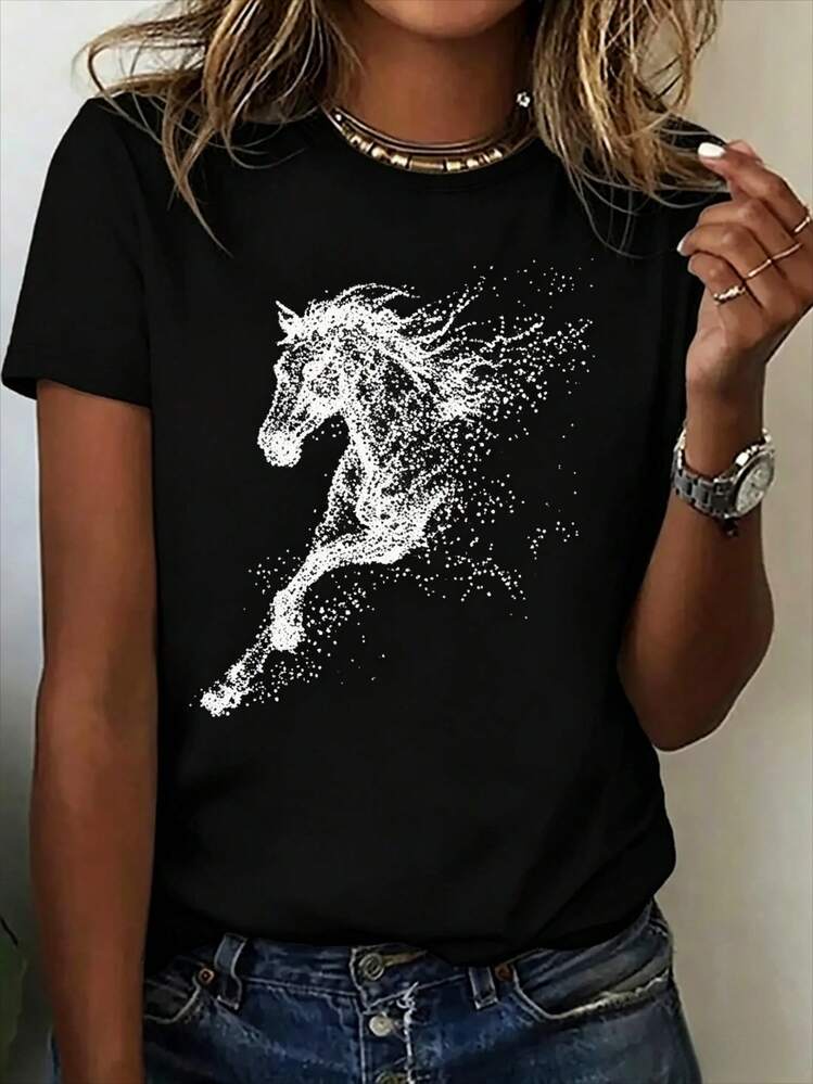 1 New Spring T-Shirt For Women - New Year's Horse Print, Suitable For Sports, Fitness, Running, Fashion And Fun, With A Sleeve Style That Resembles Party Or Graduation Dresses, Ideal For Couple Sets, Sister Sets And As A Short Sleeve T-Shirt That Is An Excellent Gift. - Black - View 6