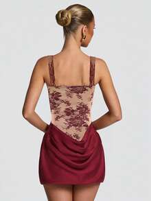 Vestido ajustado con cuello cuadrado, estampado de encaje y cintura con hueso moldeador, estilo europeo elegante de verano, favorecedor y moderno para mujer - Burdeos - Ver 4