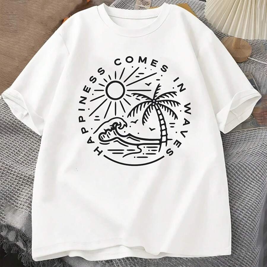 La felicidad viene en ondas Ocean Summer Trip, chándal para hombre, camiseta con cuello redondo, ropa deportiva de manga corta, camisetas divertidas informales, Camiseta de algodón - forma - Ver 1