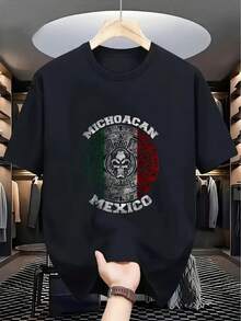 Camiseta Mexicana para Hombre | Negra con Adornos Verdes y Rojos, Casual Transpirable para Uso Diario y Actividades Culturales Mexicanas, Diseño de Cuello Redondo, Lavable a Máquina, Ajuste Cómodo para Todas las Estaciones, Ideal para Navidad, Pascua, Halloween - Negro - Ver 2