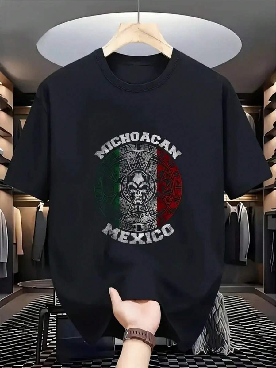 Camiseta Mexicana para Hombre | Negra con Adornos Verdes y Rojos, Casual Transpirable para Uso Diario y Actividades Culturales Mexicanas, Diseño de Cuello Redondo, Lavable a Máquina, Ajuste Cómodo para Todas las Estaciones, Ideal para Navidad, Pascua, Halloween