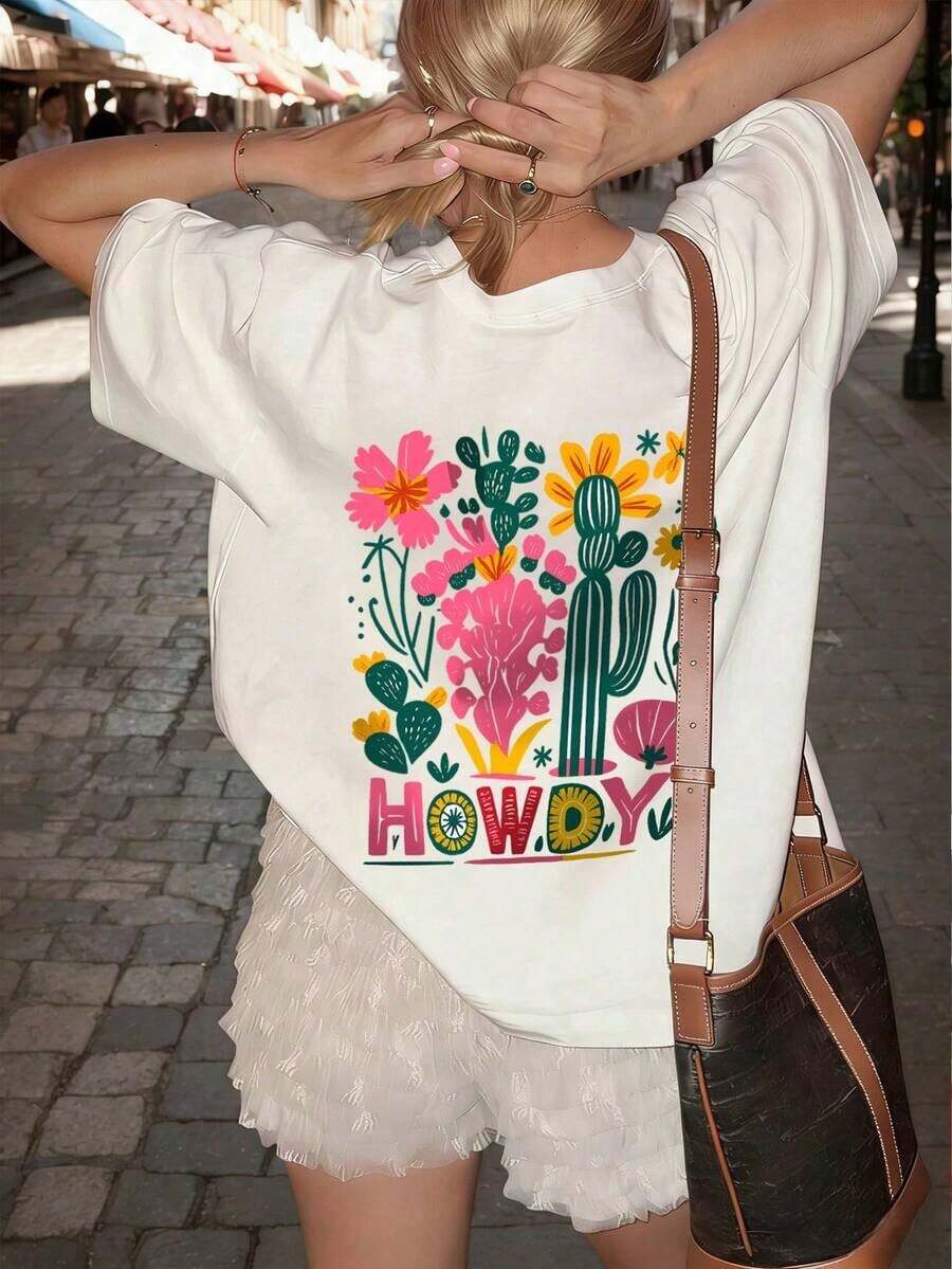 Camiseta de mujer de verano nueva, de ajuste holgado, con cuello redondo y manga corta, con estampado de eslogan simple, ideal para vacaciones. Blanca.,Playera Gráfica Oversized Mujer Verano Casual - Blanco - Ver 1