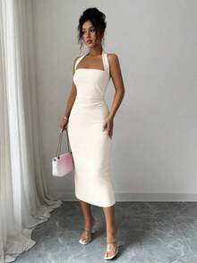 Vestido de mujer de longitud media elegante, adecuado para vacaciones, reuniones diarias, fiestas y eventos de cóctel de verano - Albaricoque - Ver 4