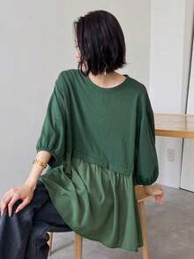 Camiseta de mujer holgada de cuello redondo informal con hombros caídos, camiseta oversize con volantes de verano - Verde - Ver 3