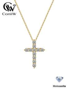 ConiiW 925纯银1.1克拉十字形莫桑石项链，时尚百搭的经典设计，适合秋冬季节及日常佩戴。是婚礼、宴会、约会、派对、圣诞节、感恩节、万圣节、情人节、开学季、婚礼季、生日、周年纪念日、新年等场合的理想礼物。 - 金色 - 查看 1