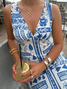 Vestido de mujer elegante de playa con estampado floral azul, sin mangas, cuello en V y cintura ceñida, adecuado para el té de la tarde, citas románticas, vacaciones, días festivos y atuendo de verano - Multicolor - Ver 2