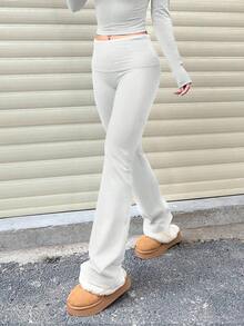 Pantalones acampanados de cintura ancha de unicolor casual para mujer, leggings delgados de cintura alta con pliegues, primavera - Blanco - Ver 4