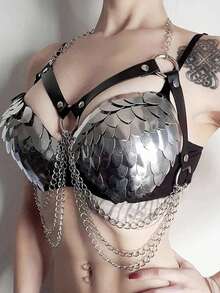 Silver Scale Armor Bra Top With Black Harness And Chain Detail For Cosplay And Festivals - 黑色 - 查看 1