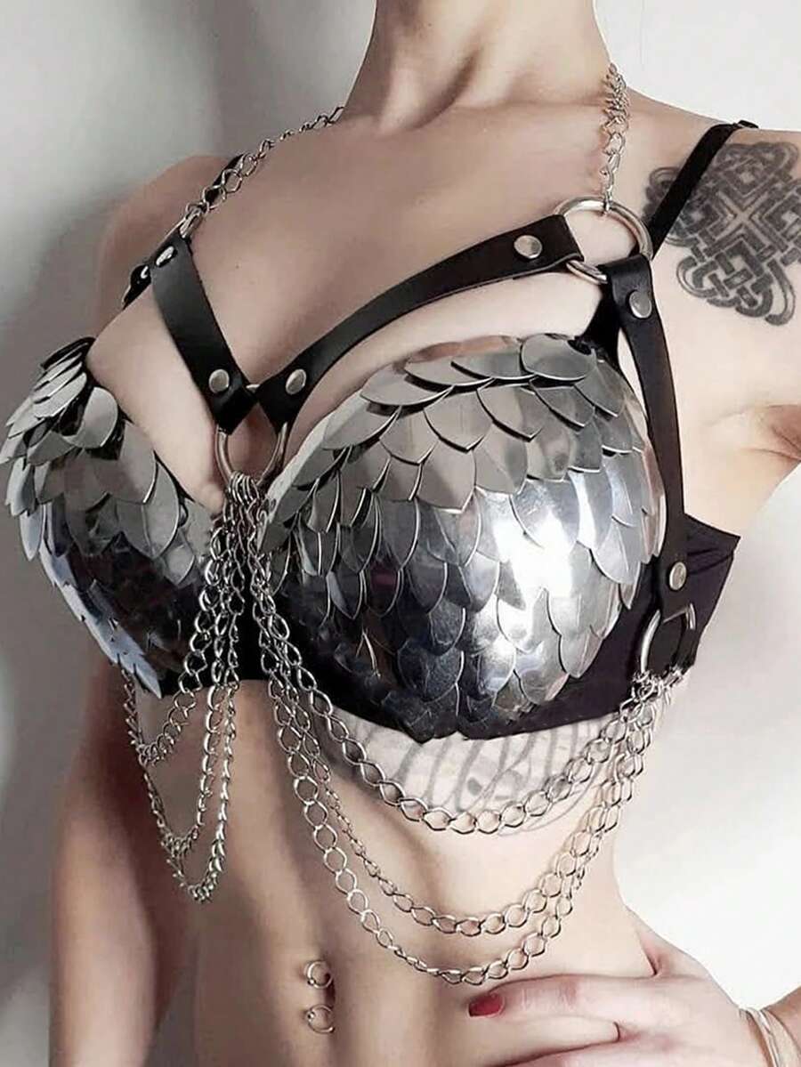 Silver Scale Armor Bra Top With Black Harness And Chain Detail For Cosplay And Festivals - 黑色 - 查看 1