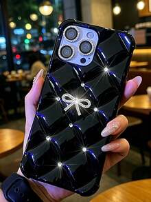 蝴蝶結裝飾手機殼，可愛閃亮鑽石蝴蝶結手機殼，適用於 iPhone 18 17 Pro Max /17e/16/15/14/13/12/11 Pro Max，柔軟 TPU 材質，防震，手工製作 - 黑色 - 查看 2