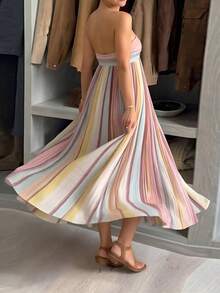 Vestido largo primavera 2026, holgado elegante, escote bandeja plisado de colores - Multicolor - Ver 6