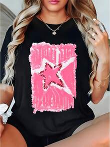Short-Sleeved T-Shirt With Round Neck, 100% Cotton,  Print, Lightweight And Breathable Fabric, Casual Fashion Style, Suitable For Daily Life, Casual Outings And Dates In Spring, Summer And Autumn - 黑色 - 查看 1
