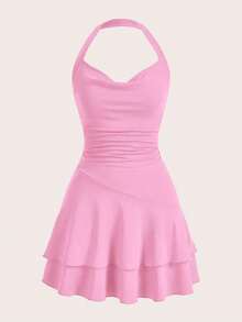 Vestido Rojo De Punto Sin Mangas Con Cuello Halter Y Doble Capa, Ajustado Para Mujer - Rosa - Ver 5