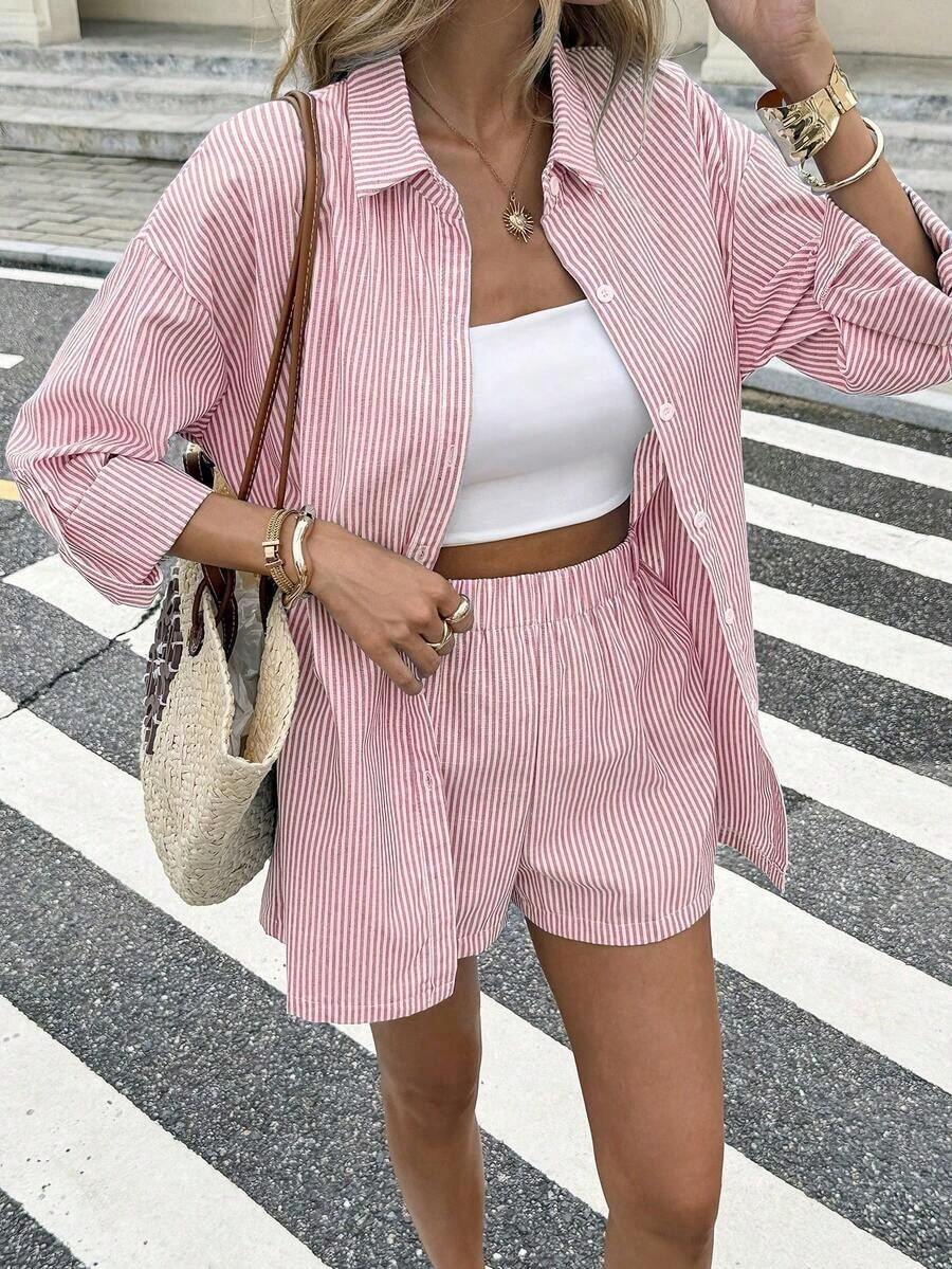 Conjunto de camisa y pantalones cortos de rayas verticales de moda para mujer - Rosa - Ver 1