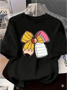 Playera de Mujer con Estampado de Moño de Regreso a Clases Diseño de Lápiz y Manzana Casual Manga Corta Suave para Maestra - Negro - Ver 7