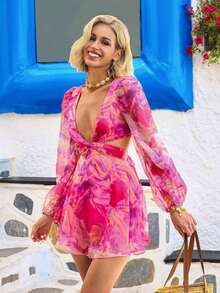 Mono de gasa rojo con estampado floral, cuello en V, manga farol, corte con nudo en la cintura, para uso en la playa en verano - Multicolor - Ver 4