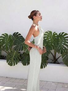 Nuevo vestido de verano de mujer de punto sin mangas, estilo casual de resort de playa, vestido elegante entallado, color blanco sólido, sexy cubreplaya de estilo bohemio para vacaciones - Blanco - Ver 4