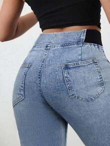 Tall Pantalones vaqueros de mujer casuales, ajustados y elásticos con vuelo, pantalones vaqueros azules ajustados de cintura alta con vuelo para mujeres altas, pantalones vaqueros de verano - Lavado ligero - Ver 5