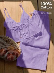 2 piezas de top de tirantes y pantalones de lino de verano para mujeres - Morado - Ver 1