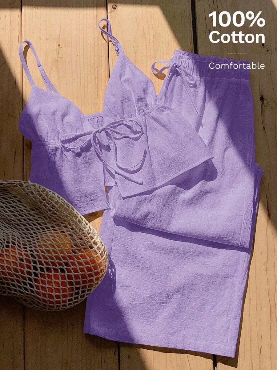 2 piezas de top de tirantes y pantalones de lino de verano para mujeres - Morado - Ver 1