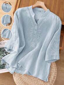 Blusa de lino holgada, informal, con bordado asimétrico de unicolor para primavera y verano para mujer - Azul - Ver 3