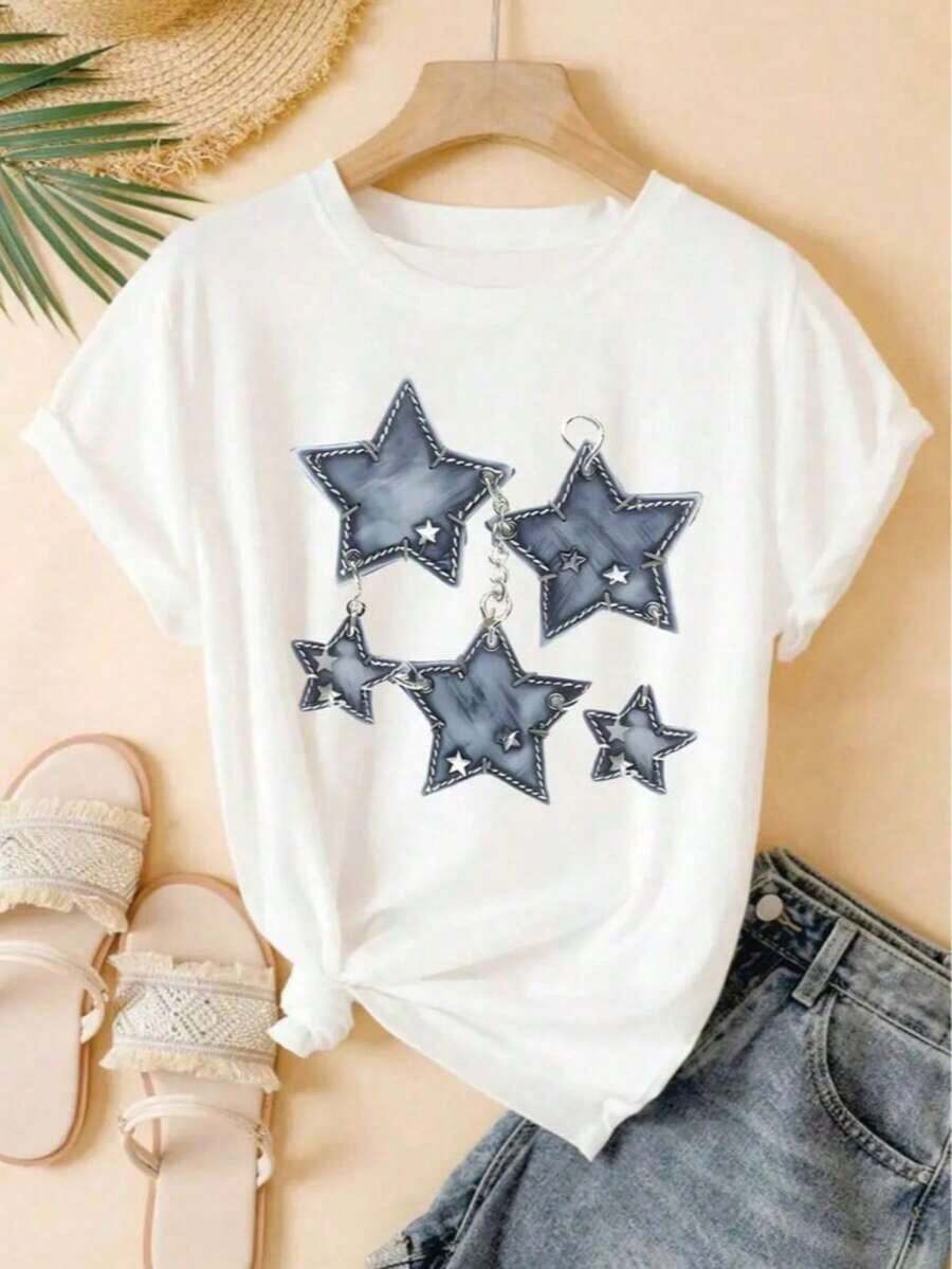 Graphic New Women's Crew Neck T-Shirt, Short Sleeve, Loose Fit, Casual And Versatile With Star Print, Soft Fabric And Good Drape. Summer Top Crew Neck - Blanco3 - 查看 1