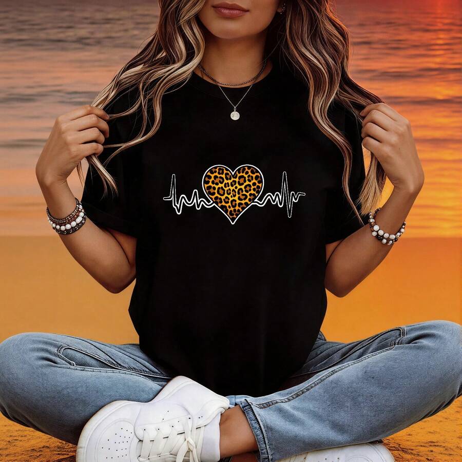 Women's Round Neck T-Shirt, 100% Cotton, Heart And Leopard Print, Casual Everyday Wear, Stretchy And Wrinkle-Free Fabric, Casual Summer Top - 黑色 - 查看 1