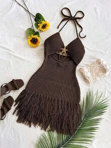 Vestido mini de mujer  con tirantes finos, escote en V, calado, estrella de mar de metal tejida, flecos, para vacaciones, playa, cita, boda, fiesta, crucero, estilo bohemio, festival de música, hippie, western - Café integral - Ver 5