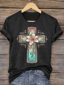 1 Piece Of Plus Size Clothing For Easter, Mother's Day, Juneteenth, A Plus Size Women's T-Shirt, Casual Short Sleeve Round Neck Top, Medium Stretch Fabric, Machine Washable, Comfortable Fit For All Seasons, Unique 2D Flat Print T-Shirt, Athleisure Style, 2D Flat 180g 100% Cotton. - 黑色 - 查看 6