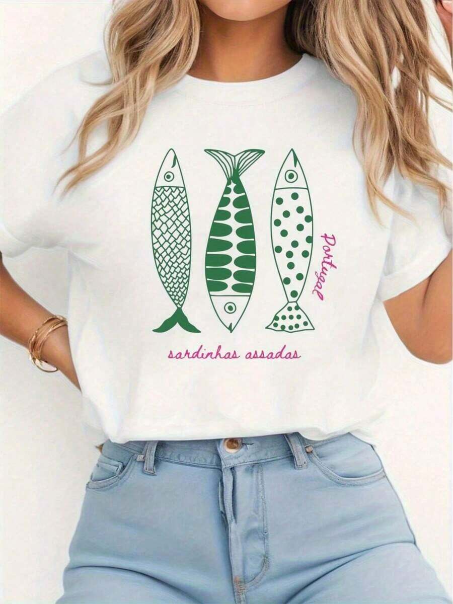 Women's Summer Vacation T-Shirts With A Grilled Portuguese Sardine Print, Short-Sleeved Crew Neck T-Shirt, Suitable For All Seasons, Including Christmas, Easter, Halloween, Thanksgiving, Etc. 100% Cotton. - 白色 - 查看 1