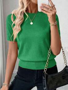 Blusa de punto de manga corta de unicolor y estilo minimalista, para uso diario - Verde - Ver 5