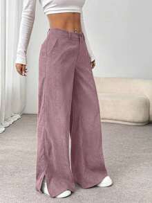 Unity Pantalones largos rectos y sueltos con abertura lateral de pana de moda casual para otoño/invierno para mujeres - Albaricoque 2 - Ver 9