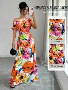 Long Asymmetrical Dress With Ruffles At The Shoulders And Waist, Floral Print, Elegant And Minimalist, Suitable For Work, New Year's, Streetwear, French Romantic Style, Casual, Middle Eastern Retro, Afternoon Tea, Party, Thanksgiving, Back To School, Spring/Summer - 橘色 - 查看 1