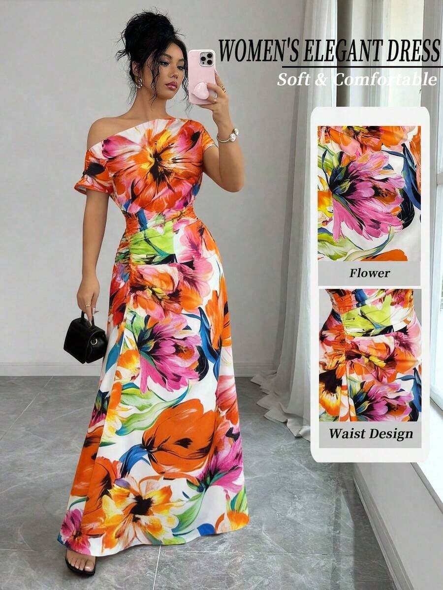 Long Asymmetrical Dress With Ruffles At The Shoulders And Waist, Floral Print, Elegant And Minimalist, Suitable For Work, New Year's, Streetwear, French Romantic Style, Casual, Middle Eastern Retro, Afternoon Tea, Party, Thanksgiving, Back To School, Spring/Summer - 橘色 - 查看 1
