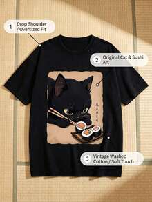 Ropa de Mujer Estilo Japonés Divertido con Estampado de Gato Negro Comiendo Sushi, Versión Coreana, Moda Retro Cómoda y Versátil para Viajes Diarios, Ropa de Mujer Y2k.Camiseta de manga corta de cuello redondo, ajustada, negra, estilo punk de nicho, de la serie retro lavada, cómoda, de puro algodón, que permite crear fácilmente ropa casual retro, adecuada para el transporte diario, salidas informales, uso diario, ropa clásica retro para mujer. - Negro - Ver 3