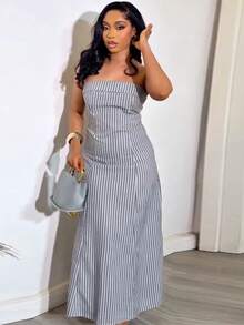 Vestido palabra de honor rayado sin mangas cintura ajustada verano 2026 - Azul - Ver 11