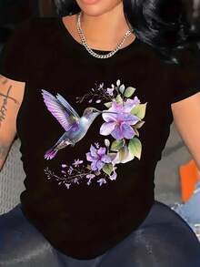 Fashion Printed T-Shirts For Women, Oversized Streetwear Tops, Comfortable And Stylish All-Match Summer Tees. Women's Pure Cotton T-Shirt With Artistic Hummingbird And Tropical Flower Print, Elegant Casual Design, Modern And Soft Style For Summer And Spring. - 黑色 - 查看 6