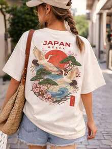 Camiseta de mujer estampada de manga corta para verano, tela de poliéster, estilo multifuncional, corte regular, peso 180 gramos, 1 unidad. - Blanco - Ver 1