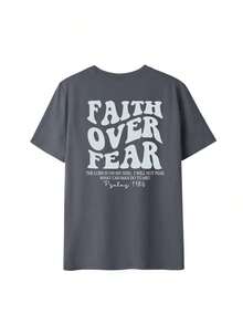 Women's Short-Sleeved T-Shirt With A Round Neck And "Faith Overcomes Fear" Lettering Print, A Casual And Modern Style, Essential For Everyday Wear. Graphic T-Shirt For Women, White Summer Top For Women - 深灰色 - 查看 2