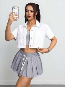 Blusa corta de mezclilla de manga corta y estilo informal para mujer, adecuada para chaqueta de mezclilla de verano - Blanco - Ver 6
